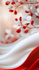 Indonesian Independence Day background featuring delicate flowers and flowing flag