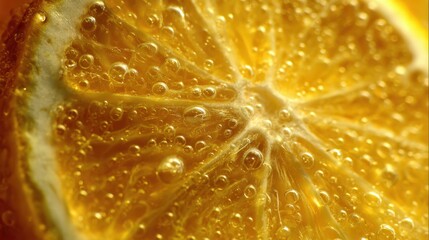 Macro Shot of Lemon Slice with Juice Droplets Close Up