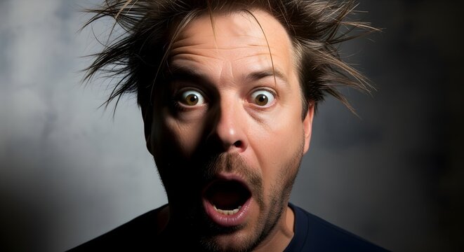 Surprised Man with Wild Hair Expressing Shock in Dark Background
