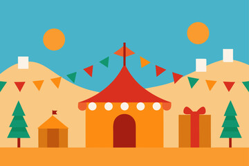 Obraz premium Flat design circus tent with bunting and gift box
