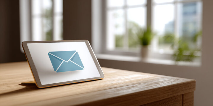 Digital tablet displaying email envelope icon on wooden desk with blurred window background in modern setting