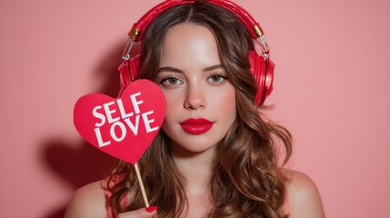 Young woman wearing red headphones holding heart sign with self love message on pink background