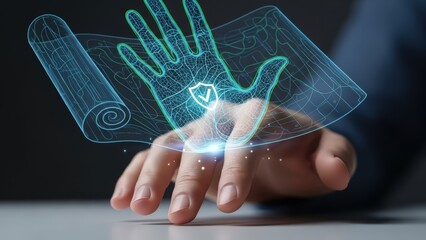 Illuminated futuristic digital hand scan with glowing blue circuit lines and a central shield icon containing a checkmark, projected above a human hand gently touching the light, set against a dark