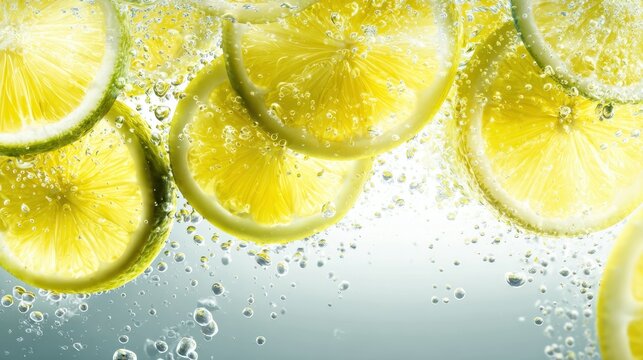 Lemon slices floating in fizzy water with bubbles