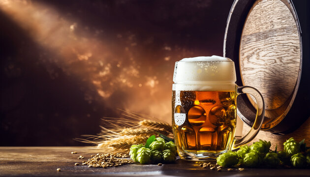 Bierglas mit Schaum vor Holzfass und Hopfen