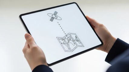 A sleek, modern digital tablet displaying a minimalist black and white line drawing of a satellite orbiting above a stylized house with a world map inside, is being held by a person in professional