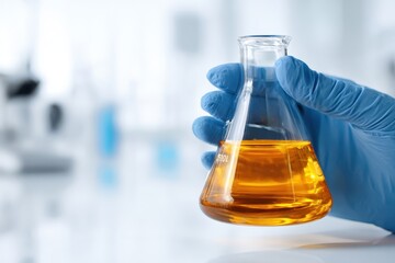 Hands in blue gloves holding glass flask filled with viscous, amber colored liquid. Laboratory setting. Pure bright white background. Medical research equipment. Tube for taking samples. Close-up