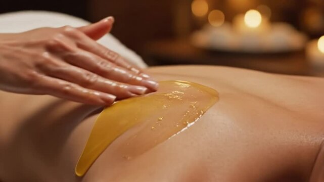 Golden Massage Oil Poured on Bare Back in Relaxing Spa