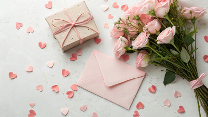 Valentine Flatlay Theme. Soft romantic flatlay featuring pink roses, gift box, and envelope, perfect for Valentine Day celebrations