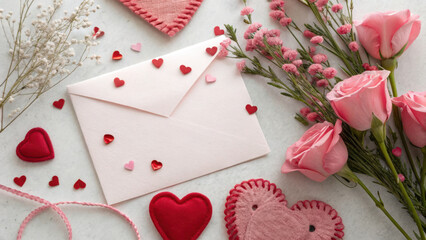 Valentine Flatlay Theme. Delicate valentine flatlay with pink roses, hearts, and decorative elements creating romantic atmosphere