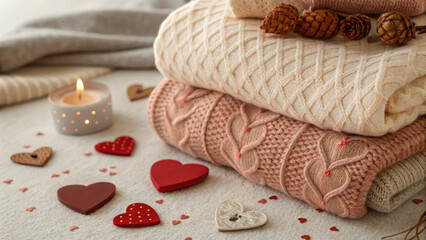 Valentine Flatlay Theme. Cozy layered blankets and candles create warm, inviting atmosphere perfect for Valentine Day