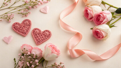 Valentine Flatlay Theme. Elegant flatlay featuring soft pink roses, delicate ribbon, and charming hearts, perfect for romantic occasion