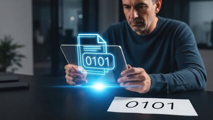 A focused middle-aged man in a casual grey sweater carefully examines a glowing, futuristic holographic document displaying the binary code "0101" within a wireframe outline, illuminated by a bright