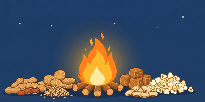Lohri Bonfire with Traditional Snacks at Night, Indian Harvest Festival Illustration.