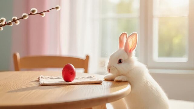 White rabbit perches on a wooden table next to a red dyed Easter egg with blooming pussy willow branches. Cozy, pastel colored, minimalist indoor setting and a cute bunny as paschal symbol