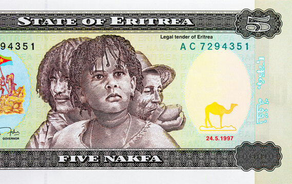 Eritrea 5 Nakfa 1997 Banknotes depicting portraits of people Three generations. People of Eritrea. Paper money of Eritrea.