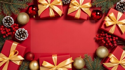 Red Christmas background with gift boxes, ornaments and pine branches forming festive border with copy space

