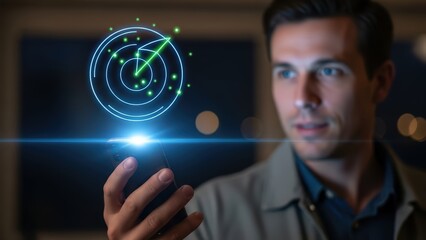 Focused young professional man with short dark hair and a slight smile intently observes a vibrant, glowing neon green radar screen projection emanating from his outstretched hand, suggesting data