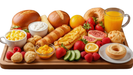 Delicious breakfast spread on wooden board with fresh fruits, pastries, and orange juice, perfect for morning