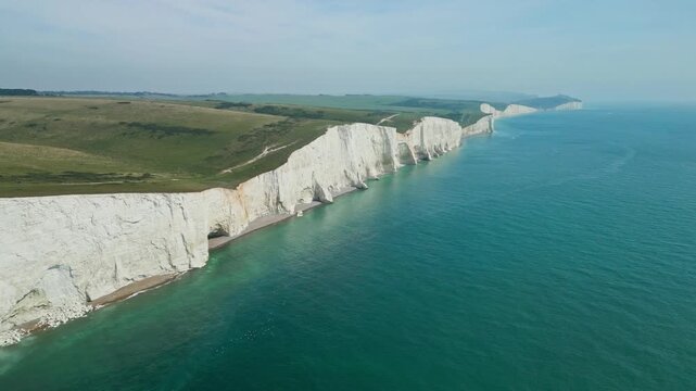 Aerial view over the famous white cliffs of The Seven Sisters Dover, south England.