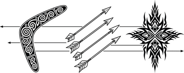 Tribal boomerang and arrow illustration with abstract ornamental symbol, monochrome vector artwork for tattoo, warrior, ethnic and fantasy graphic design