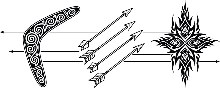 Tribal boomerang and arrow illustration with abstract ornamental symbol, monochrome vector artwork for tattoo, warrior, ethnic and fantasy graphic design - Powered by Adobe