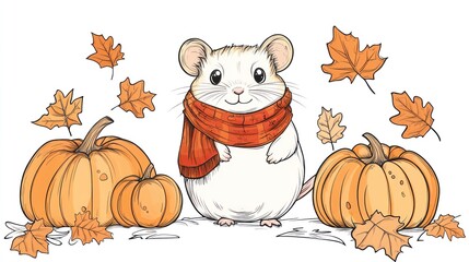 Cute mouse with scarf, autumn leaves and pumpkins; children's book illustration