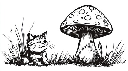 Kitten mushroom meadow playful illustration