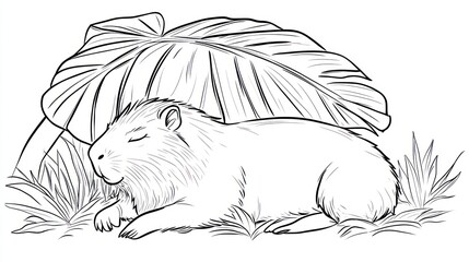 Capybara resting under leaf, jungle background, coloring page