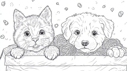 Kitten, puppy, box, yarn, snow, winter, friendship, coloring page