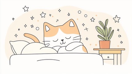 Cute cat sleeping peacefully in bed, night scene, home decor, for children's book