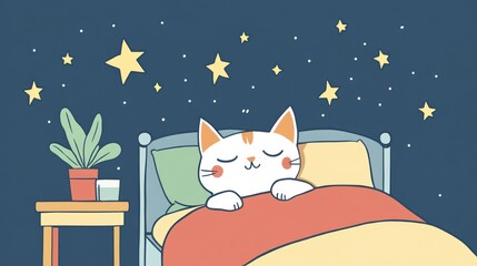Cat sleeping soundly in bed at night, stars above