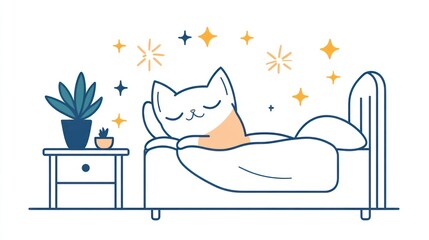 Cute cat sleeping soundly in bed, plant on nightstand, stars, bedroom