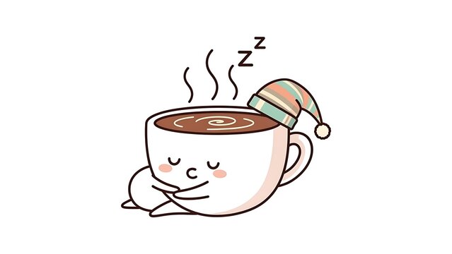 Cute sleepy coffee cup wearing a nightcap with steam and zzzs
