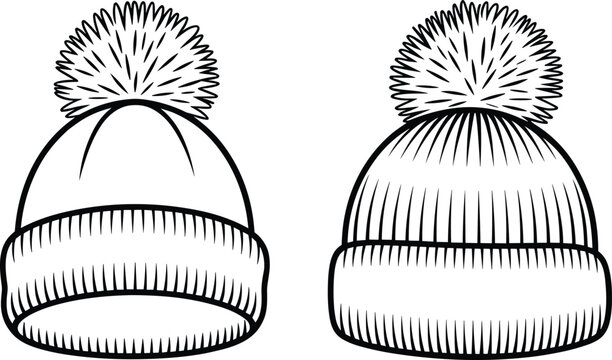 Black and White Line Drawing of Two Bobble Hats with Pom Poms on White Keywords: hat, beanie, winter hat, bobble hat, pom pom