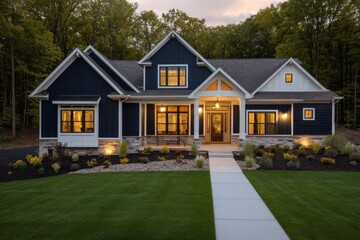 Modern dark blue house exterior with illuminated windows at dusk.