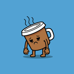 Sad coffee cup character feeling tired and sleepy.