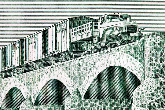 Eritrea 10 Nakfa 1997 Banknotes with the image of Viaduct over Dogali River and train. Paper money of Eritrea.