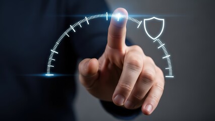 A focused human hand in a business suit is gently touching a glowing, futuristic circular interface with a prominent shield icon, representing security and data protection, illuminated with a bright