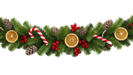 Festive christmas garland with pine cones, dried oranges, and candy canes