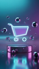 Neon shopping cart icon on stage with bubbles, representing online retail and e-commerce. Futuristic and modern design for digital marketing and sales.
