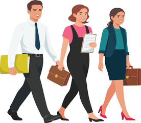 Smiling Men and Women in Business Attire Holding Briefcases Ready to Work Vector