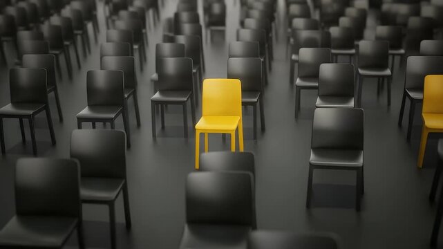 One Yellow Chair Stands Out In A Room Full Of Black Chairs On A Dark Floor