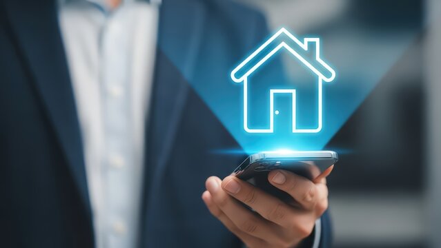 A brightly illuminated, minimalist white outline of a classic house shape with a peaked roof and rectangular body, emanating from the screen of a modern black smartphone held in the hand of a - Powered by Adobe