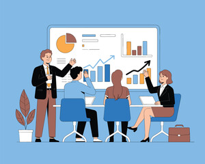 Fototapeta premium Corporate financial data presentation, business team meeting, market analysis and strategic planning.