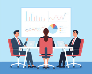 Fototapeta premium Business Professionals Analyzing Data and Strategy During Important Meeting Presentation Vector Illustration