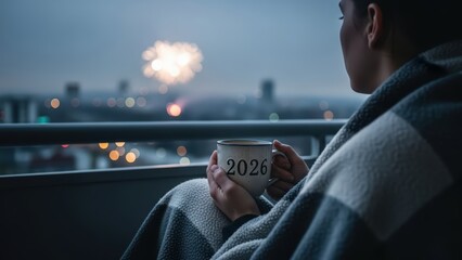 A contemplative young woman, wrapped in a cozy, textured gray blanket, gently holds a ceramic mug emblazoned with the year "2026" while gazing out from a balcony towards a blurred cityscape