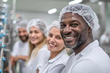 A group of smiling individuals in hairnets and white uniforms, working together in a food processing environment.