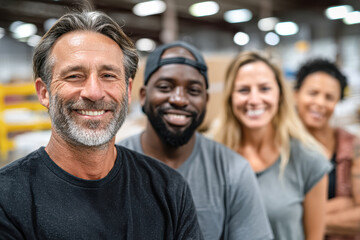 Fototapeta premium A group of four diverse individuals smiling in a warehouse setting, showcasing camaraderie and teamwork.