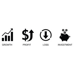 Set of minimalist black and white icons representing key economic metrics like business growth, financial profit, monetary loss, and strategic investment.